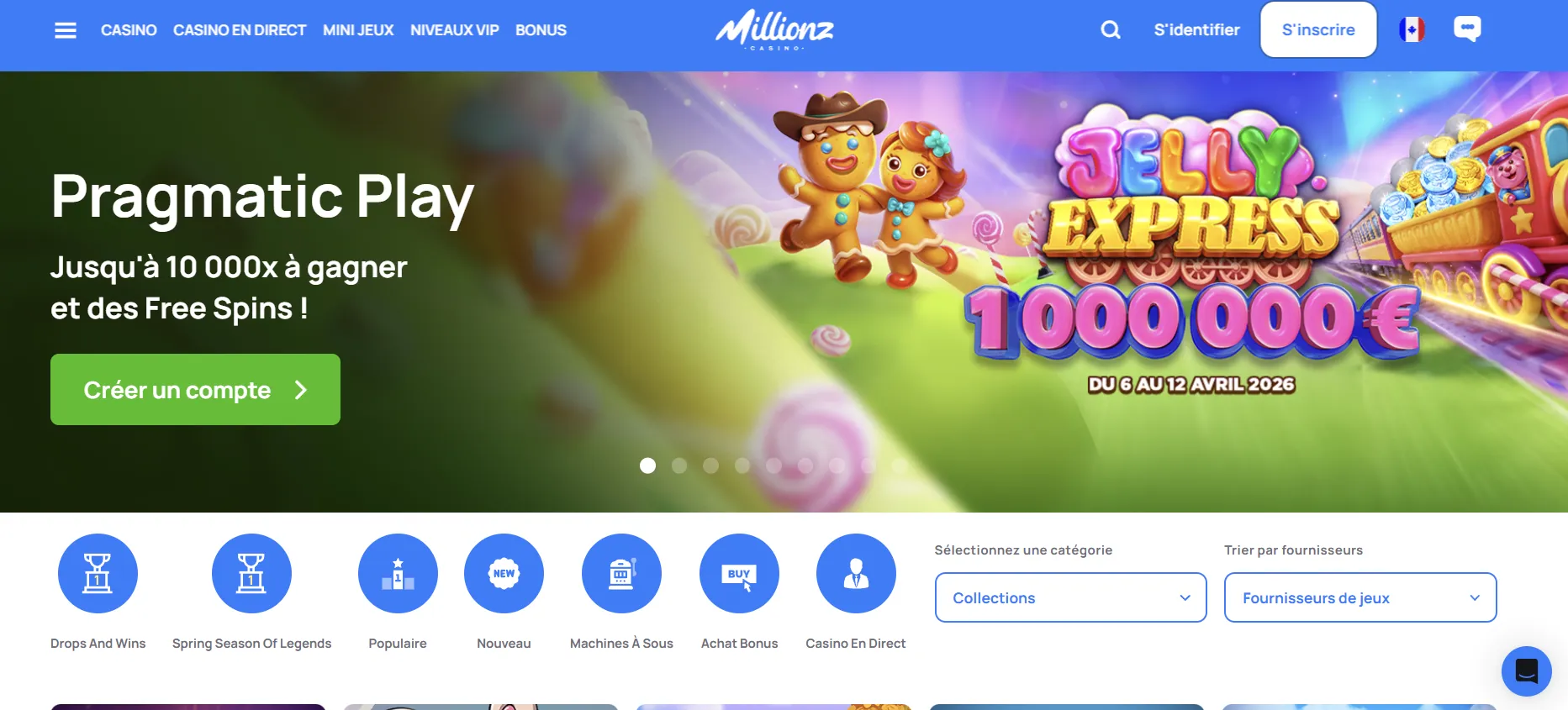 Interface principale de Millionz Casino affichant les catégories de jeux et la barre de recherche